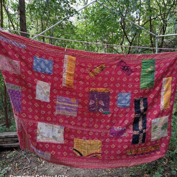 Kantha Quilt Patchwork Red Multi 53.5 x 86 Premium 3 Layer Cotton Reworked K12. - Picture 1 of 8